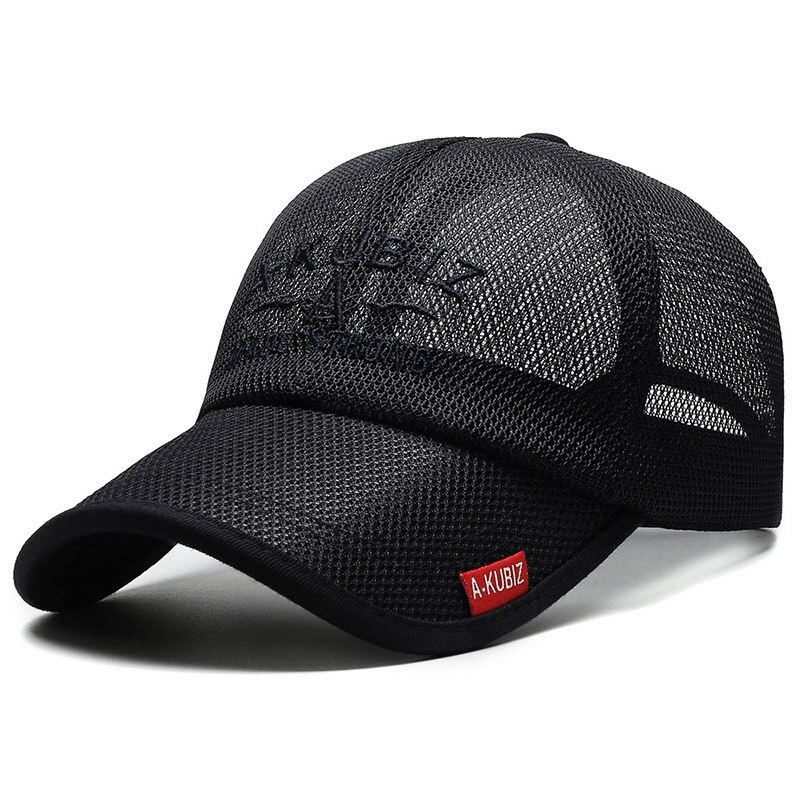 Black breathable mesh golf snapback hat, quick-dry polyester with stylish letter pattern, ideal for outdoor sports and sun protection.